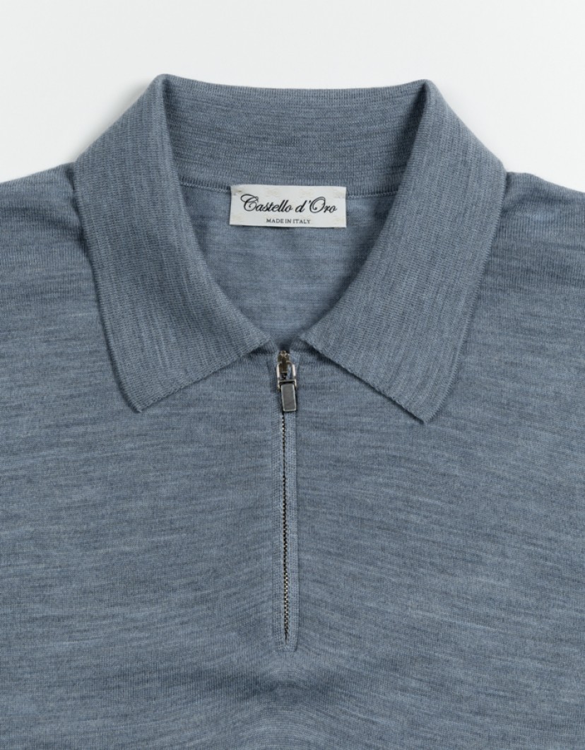 Castello d'Oro Washed Blue Polo Long Sleeve 100% Merinos Wool image