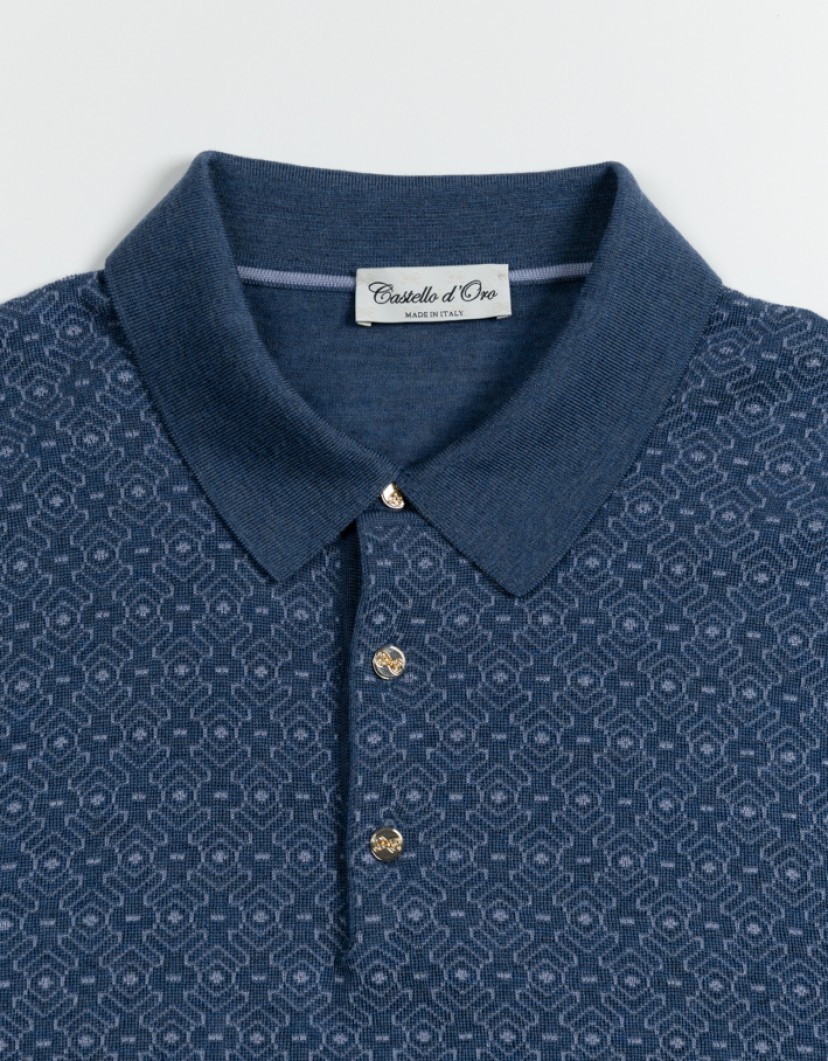 Castello d'Oro Blue Polo Long Sleeve Button Fastening image
