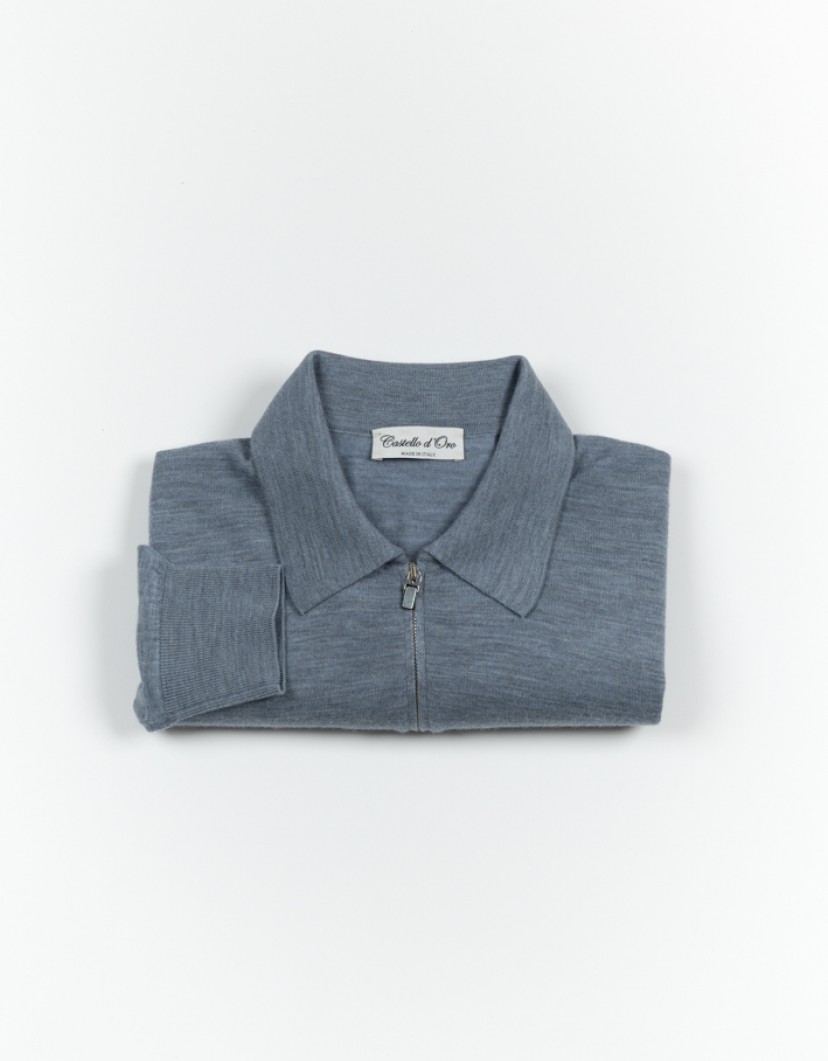 Castello d'Oro Washed Blue Polo Long Sleeve 100% Merinos Wool image