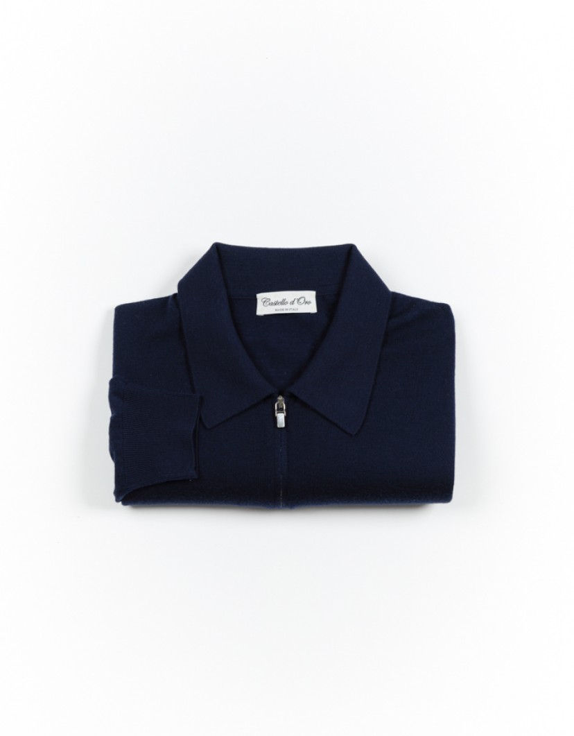 Castello d'Oro Navy Blue Polo Long Sleeve 100% Merinos Wool image