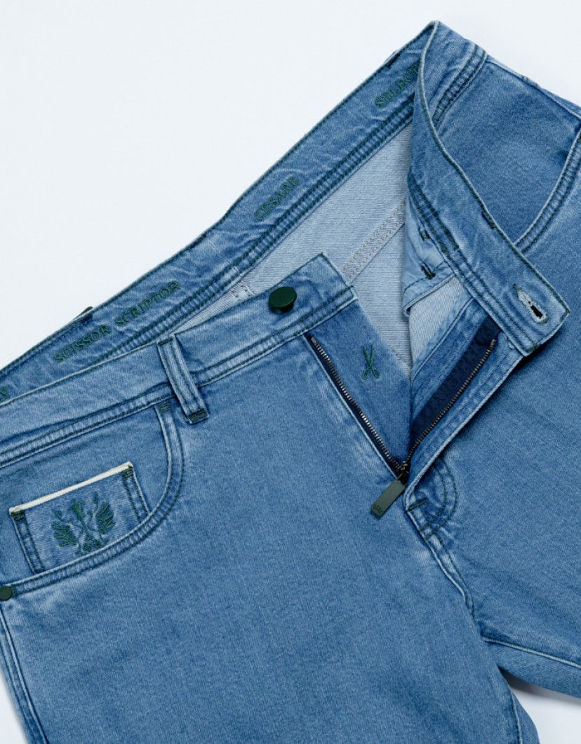 Scissor Scriptor Blue Jeans With Green Stitch image