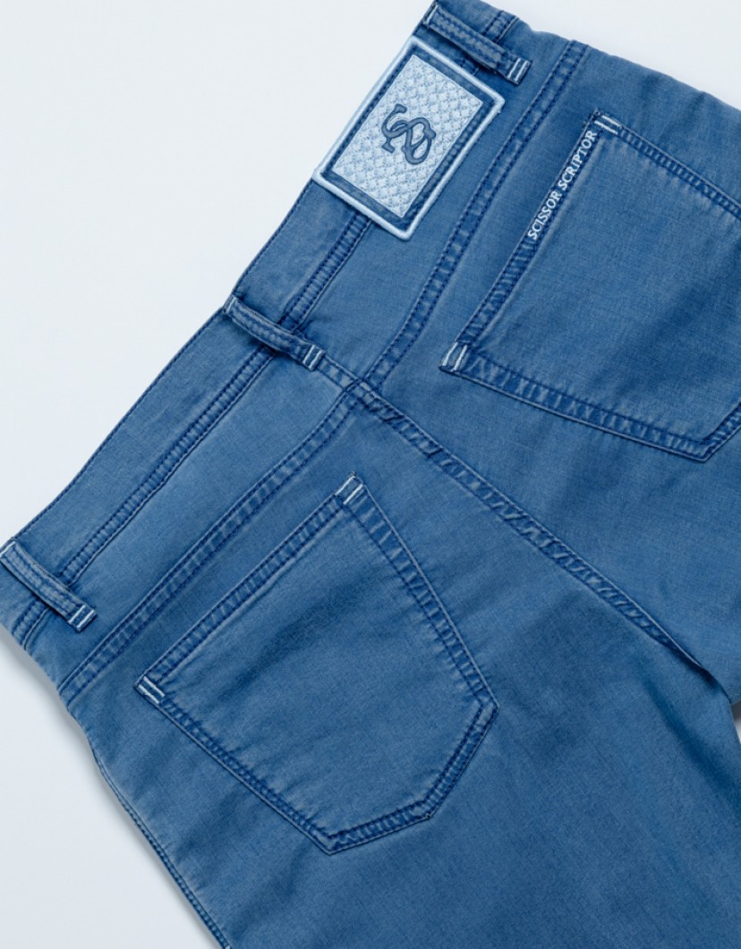 Scissor Scriptor Washed Blue Stretch Jeans With Light Blue Details image