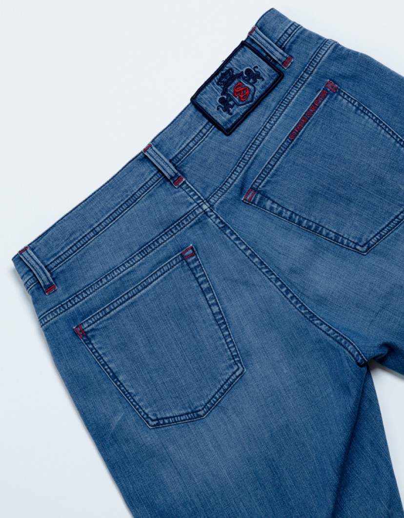 Scissor Scriptor Blue Washed Stretch Jeans With Red Details image