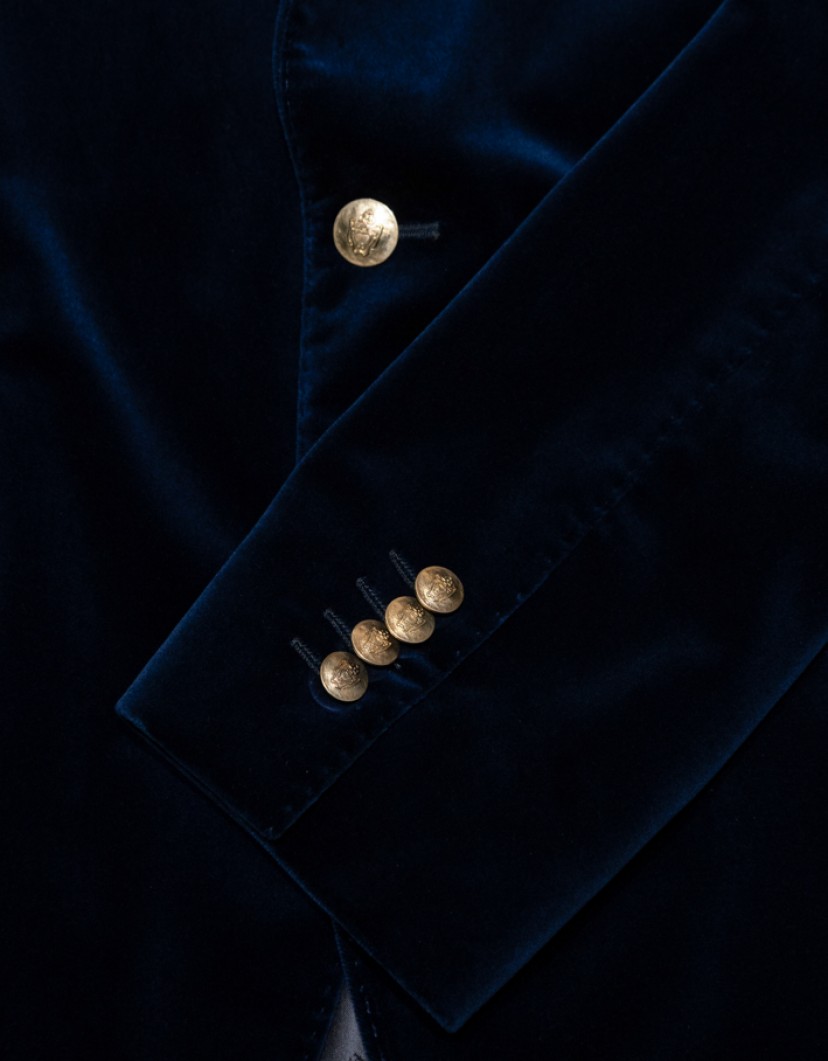 Patrick Hellmann Collection Blue Velvet Blazer With Gold Badge image