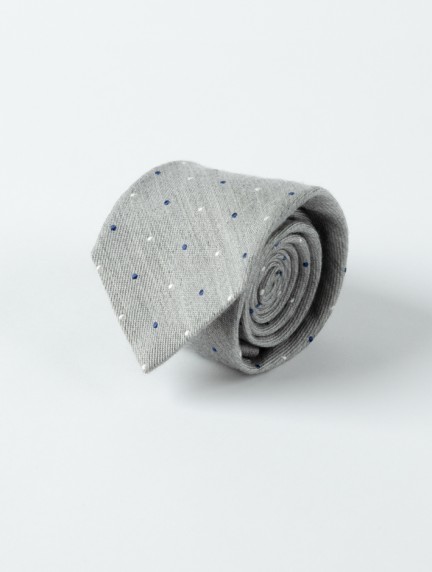 Patrick Hellmann CollectionGrey Wool Tie With Blue And White Dotsimage1184