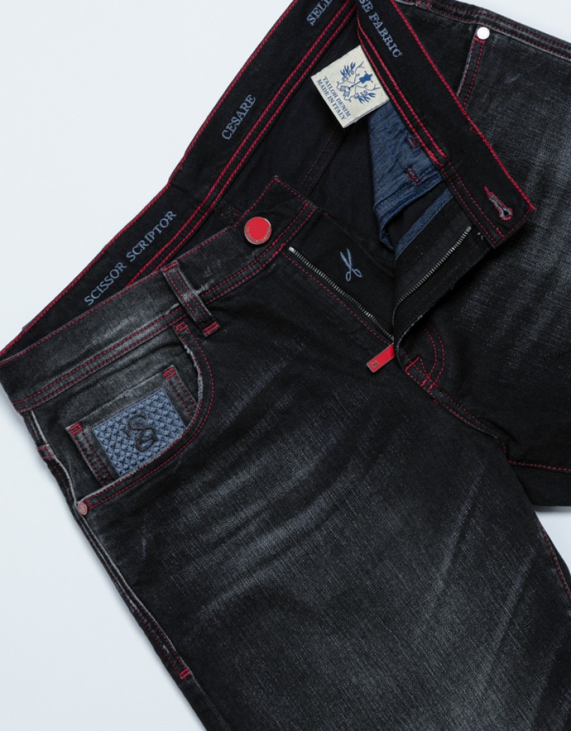 Scissor Scriptor Washed Black Jeans With Red Stitch image