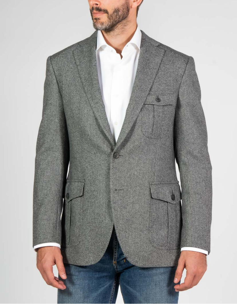 Patrick Hellmann Collection Grey Blazer 100% Wool With Herringbone Pattern image