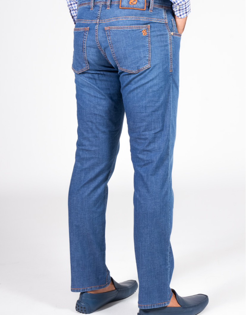 Scissor Scriptor Soft Blue Denim With Orange Stitch Fine Material image