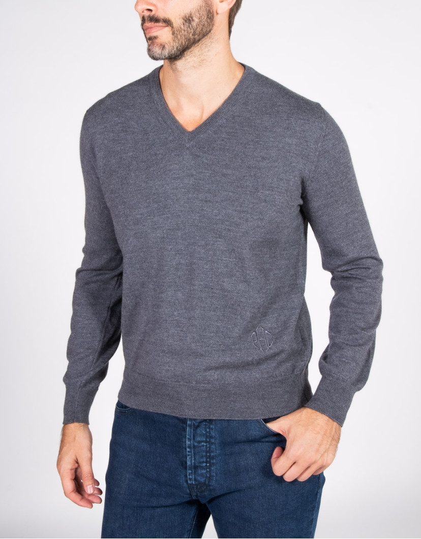 Patrick Hellmann Collection Grey V-Neck Pullover 100% Wool image