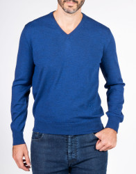 Patrick Hellmann Collection Blue V-Neck Pullover 100% Wool thumbnail 1