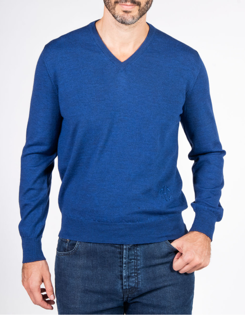 Patrick Hellmann Collection Blue V-Neck Pullover 100% Wool image