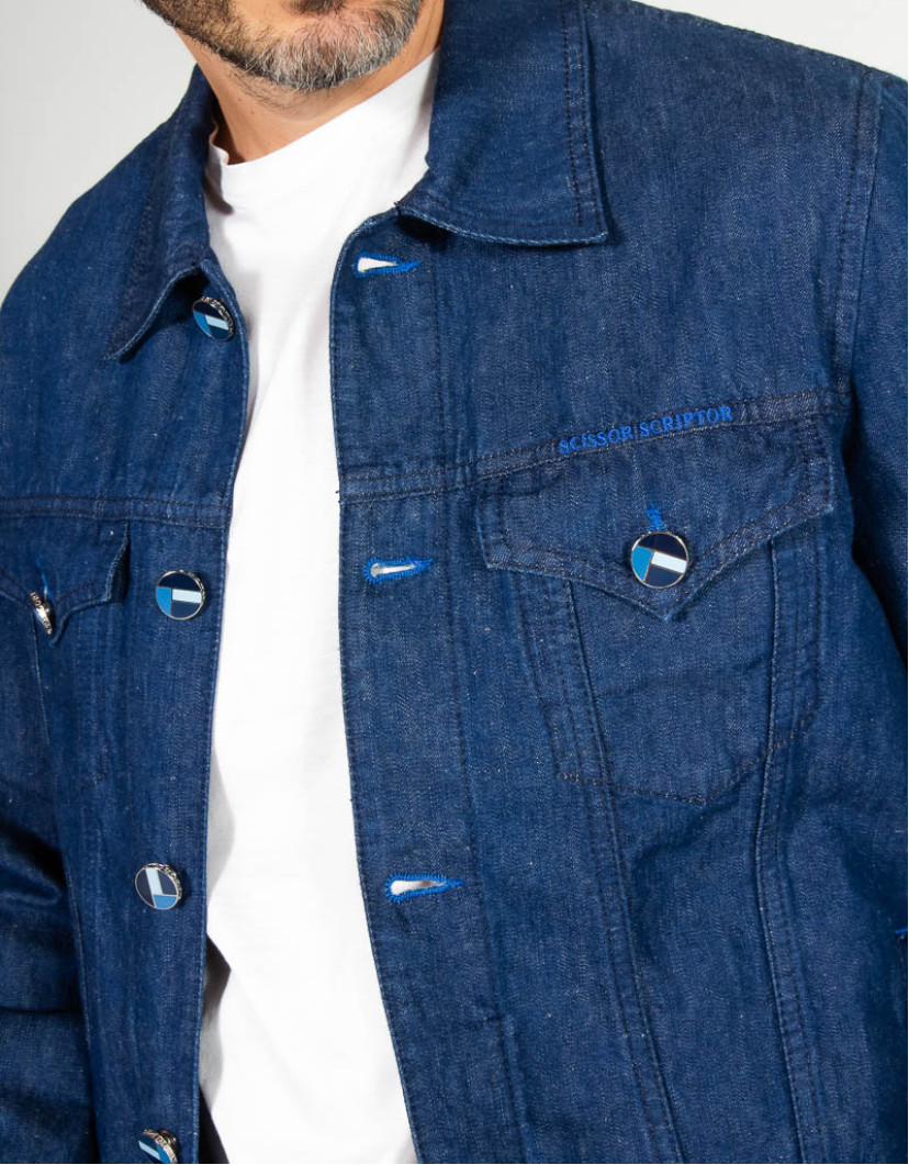 Scissor Scriptor Dark Blue Denim Jacket With Silver Button image