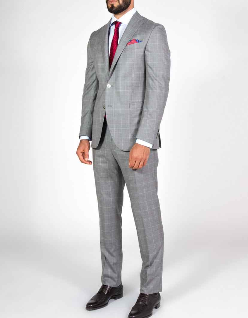 Patrick Hellmann Collection Grey Suit White Red and White Checks  100% Wool image