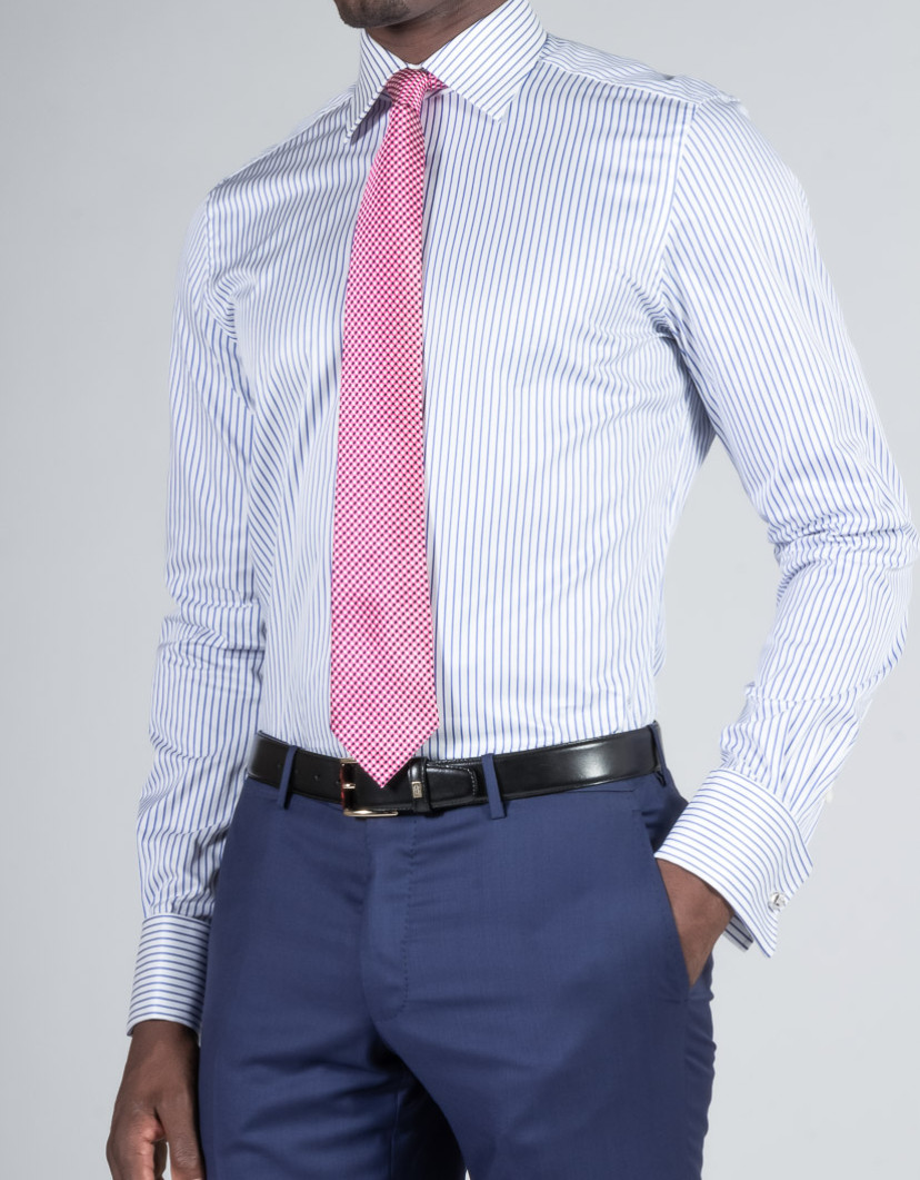 Patrick Hellmann Collection White Shirt With Blue Stripes Cuff For Cufflinks image