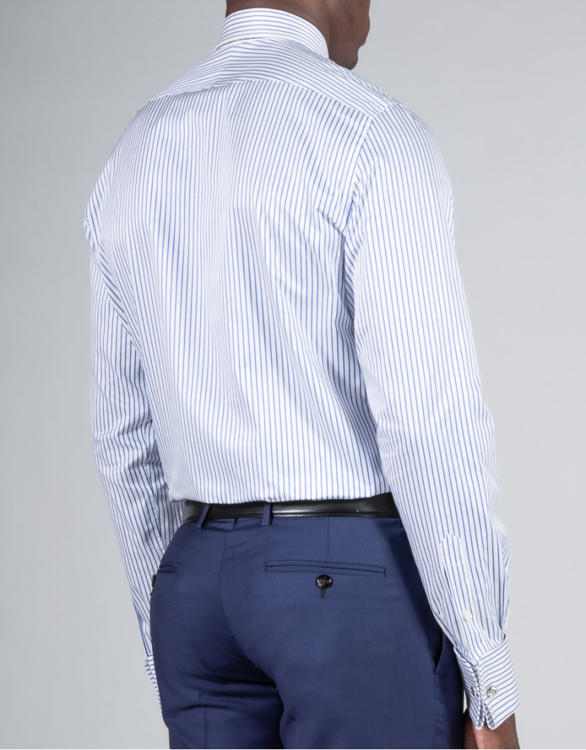 Patrick Hellmann Collection White Shirt With Blue Stripes Cuff For Cufflinks image